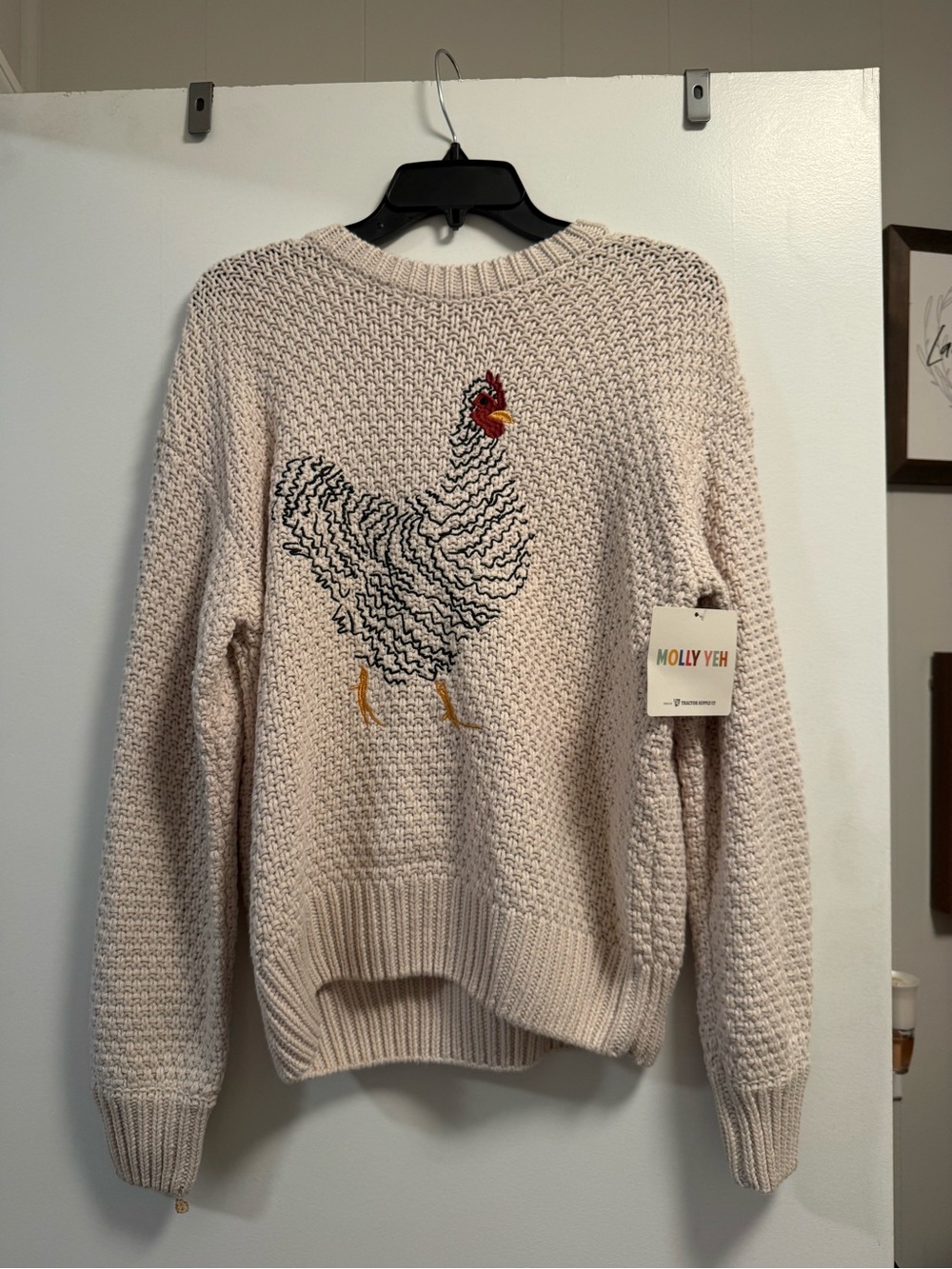 Cream Chicken Embroidered Crewneck Sweater